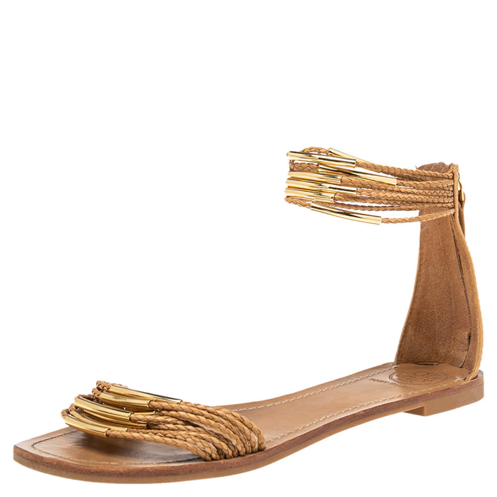 Tory Burch Tan Leather Mignon Braided Flat Sandals Size 38.5 Tory Burch ...