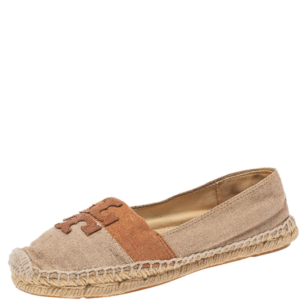 Pre Owned Tory Burch Beige/Brown Canvas Espadrille Flats Size 37