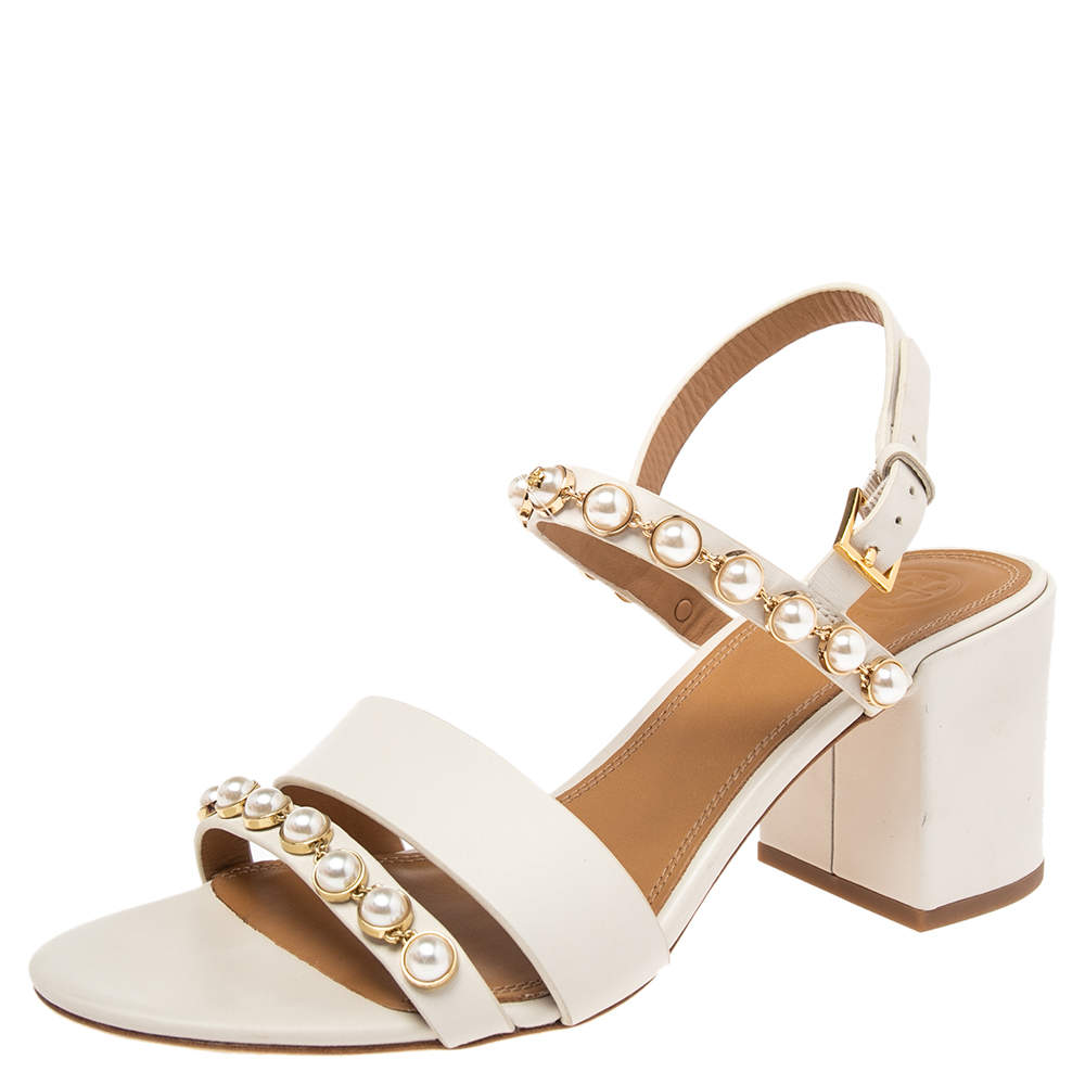 Pre Owned Tory Burch White Leather Faux Peal Embellished Emmy Ankle Strap Sandals Size 38.5