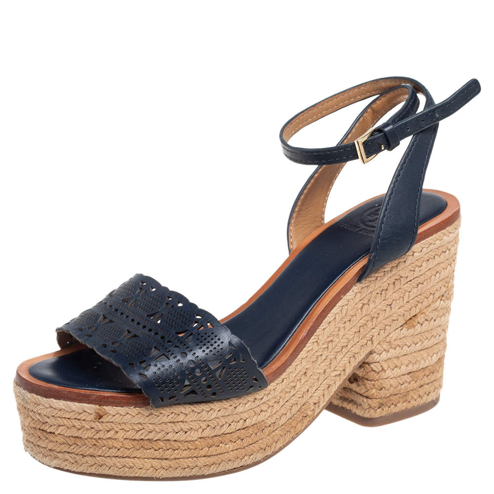 Pre Owned Tory Burch Navy Blue Laser Cut Leather Espadrille Platform Ankle Strap Sandals Size 37