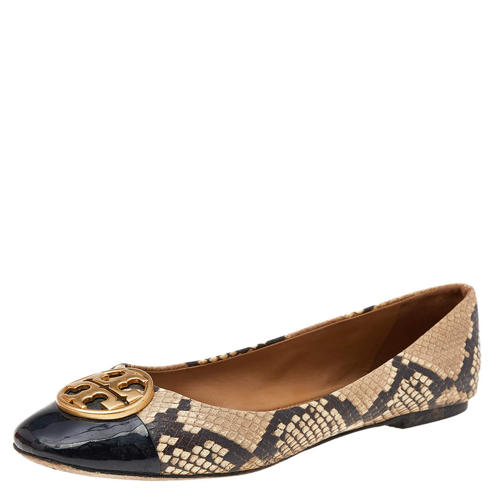 Pre Owned Tory Burch Beige/Brown Python Embossed Leather And Black Patent Leather Chelsea Ballet Flats Size 39.5