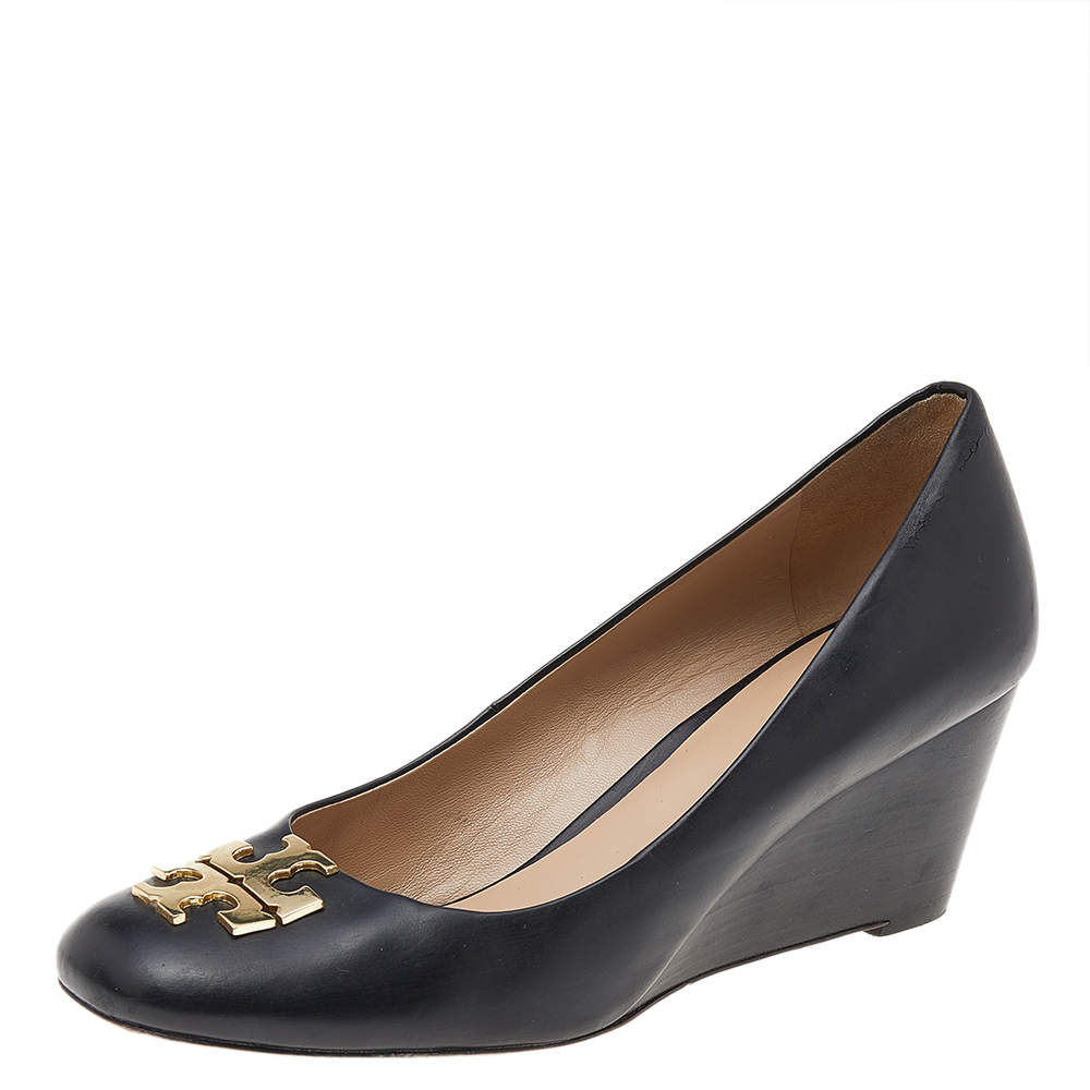 Pre Owned Tory Burch Black Leather Metal Logo Wedge Pumps Size 39