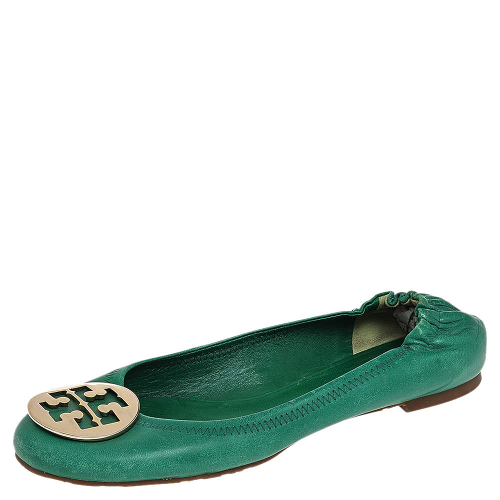 Pre Owned Tory Burch Green Leather Reva Scrunch Ballet Flats Size 38.5