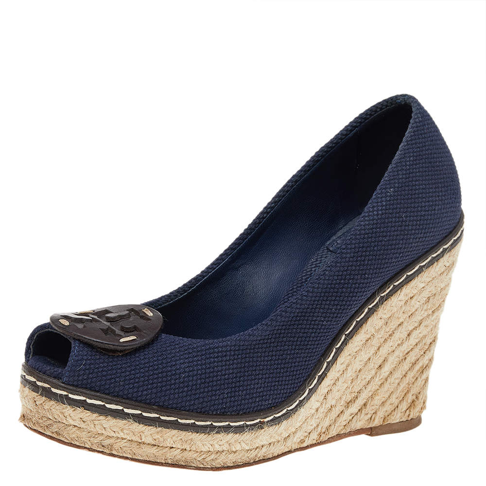 Pre Owned Tory Burch Blue Canvas Peep Toe Wedge Espadrille Platform Pumps Size 36.5