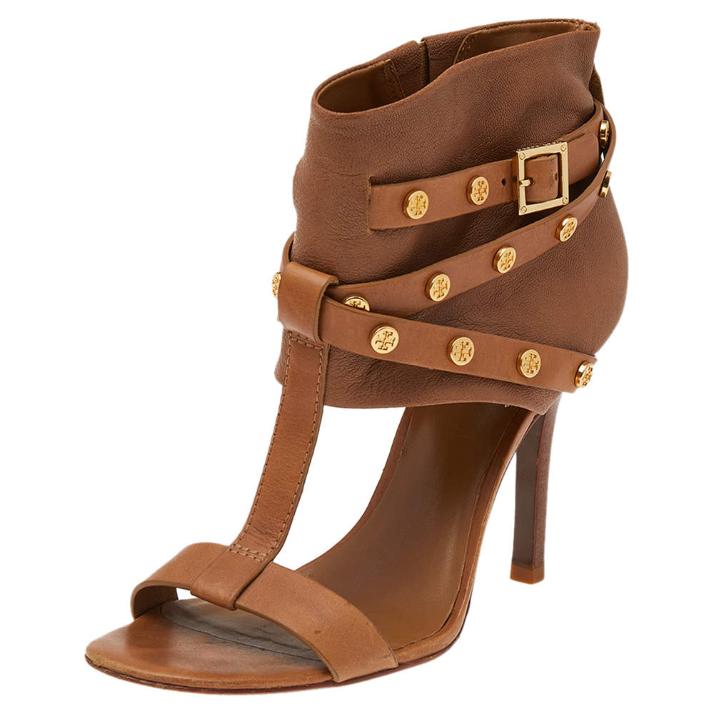 Pre Owned Tory Burch Brown Leather Honey T Graham T-Strap Booties Size 38