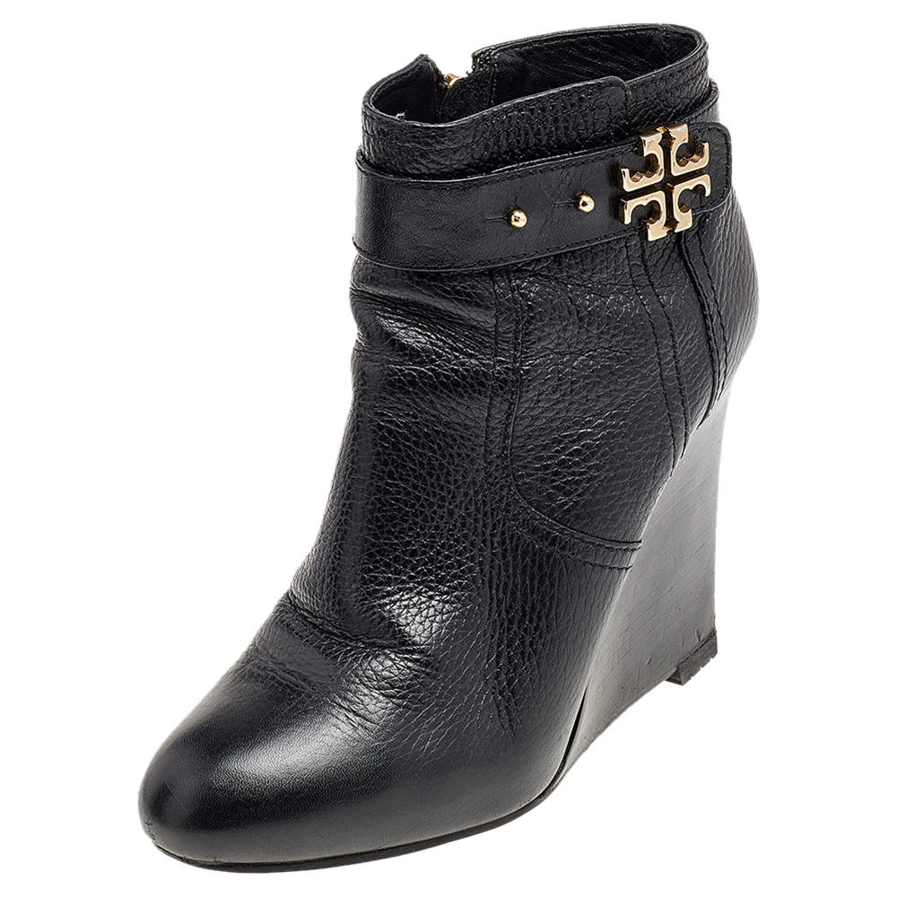 Pre Owned Tory Burch Black Leather Wedge Ankle Length Boots Size 37