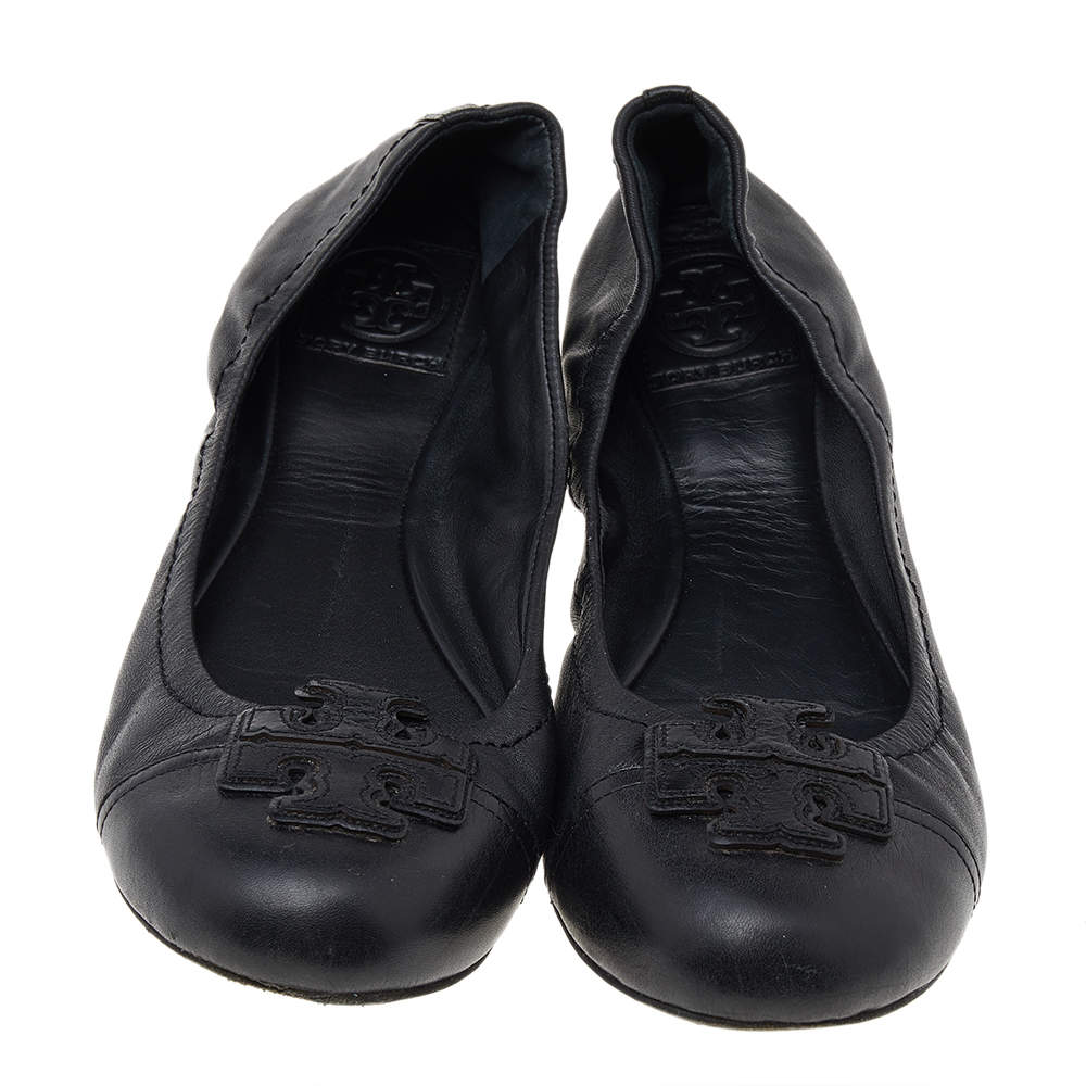 Pre Owned Tory Burch Black Leather Ballet Flats Size 39.5