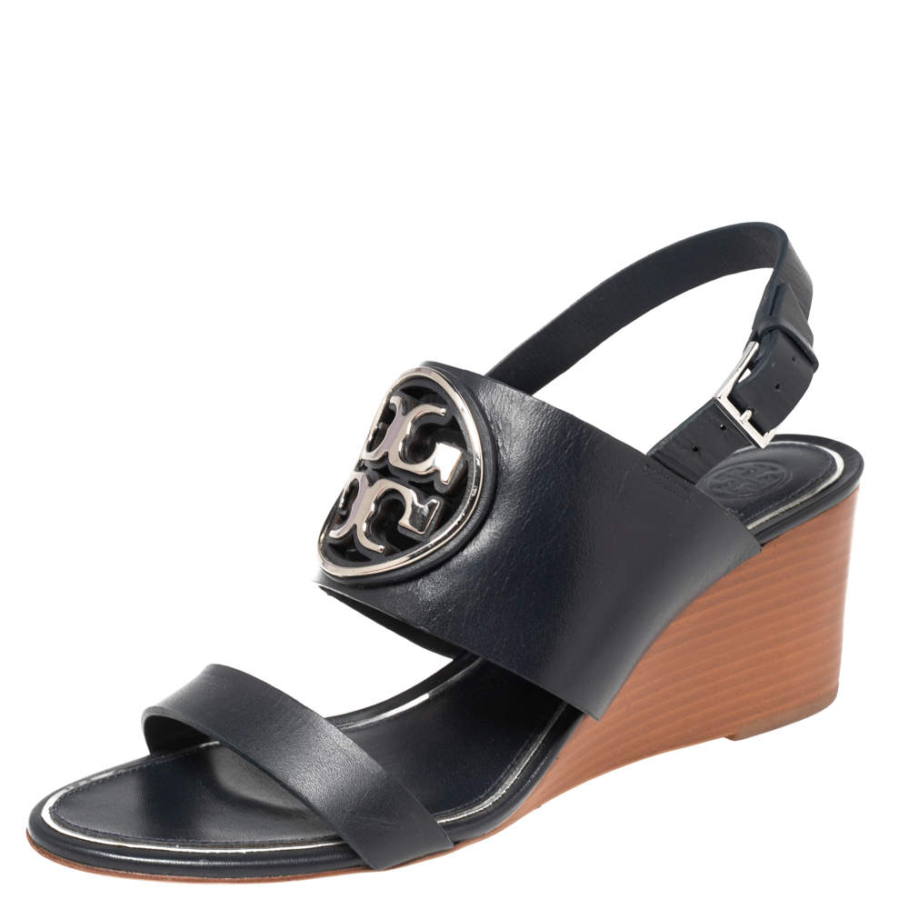 Tory Burch Navy Blue Leather Miller Logo Wedge Ankle Strap Sandals Size 39 Tory  Burch | TLC