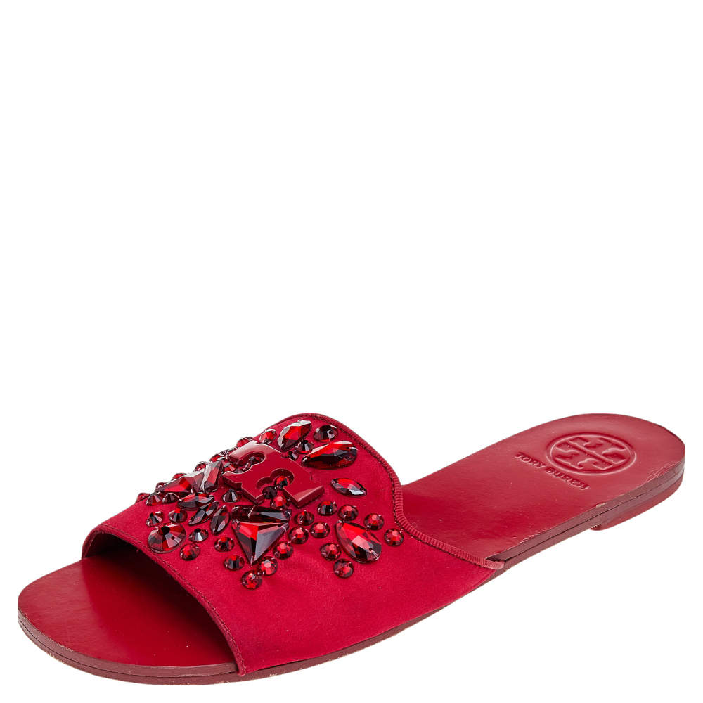 Pre Owned Tory Burch Red Satin Embellished Flat Slides Size 37