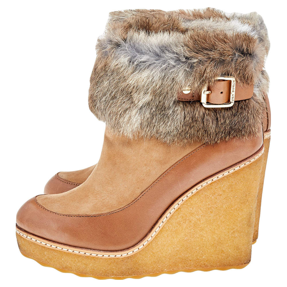 Tory Burch Tan Leather, Suede And Fur Wedge Ankle Boots Size 37 Tory Burch  | TLC