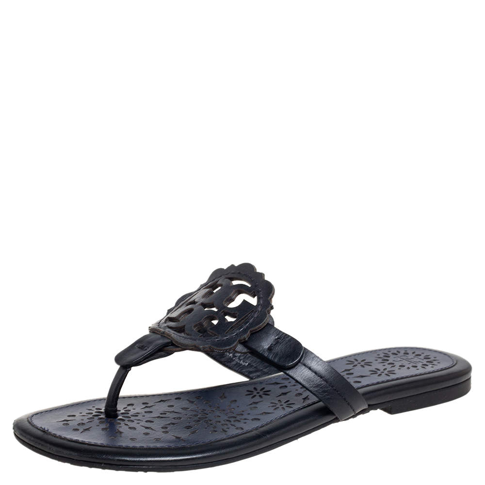 Pre Owned Tory Burch Black/Blue Leather Miller Flat Thong Sandals Size 35