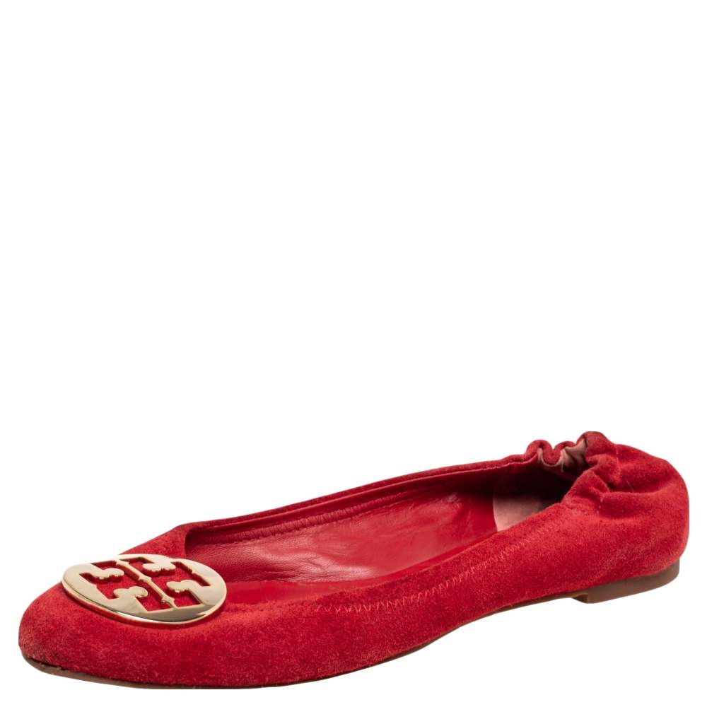 Pre Owned Tory Burch Red Suede Minnie Scrunch Ballet Flats Size 39