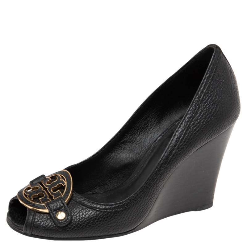 Pre Owned حذاء كعب عالي توري برش ليتيسيا جلد أسود مقدمة مفتوحة كعب روكي مقاس 38