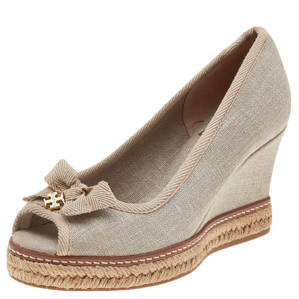 Pre Owned Tory Burch Grey Fabric Wedge Pumps Size 35
