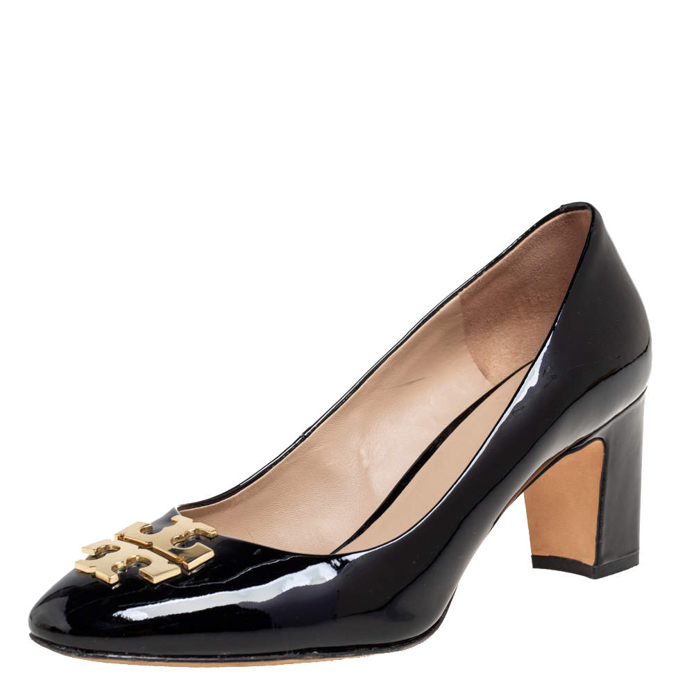 Pre Owned Tory Burch Black Patent Leather Raleigh Buckle Block Heel Pumps Size 39.5