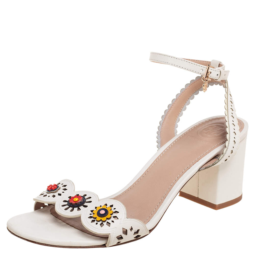 Pre Owned Tory Burch White Cut-Out Leather Floral Appliqué Ankle-Strap Sandals Size 36