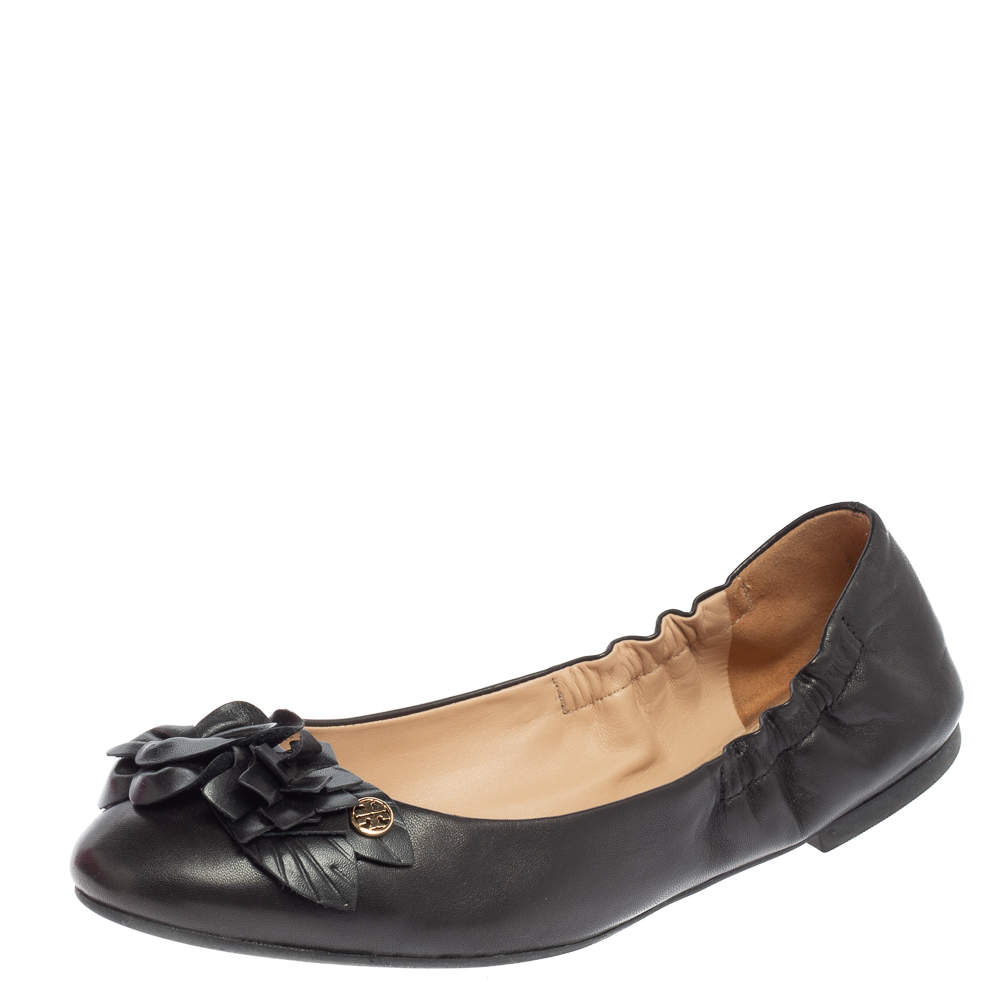 Pre Owned Tory Burch Black Leather Blossom Ballet Flats Size 38.5