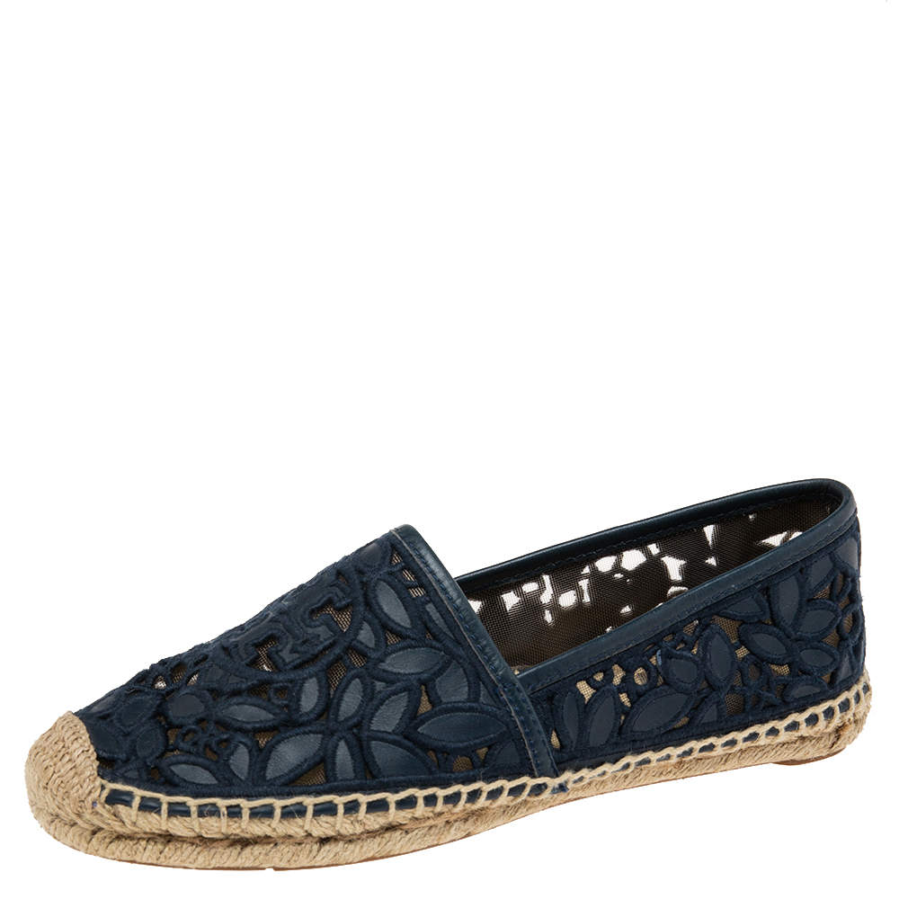 Pre Owned Tory Burch Navy Blue Leather And Net Espadrille Flats Size  36 