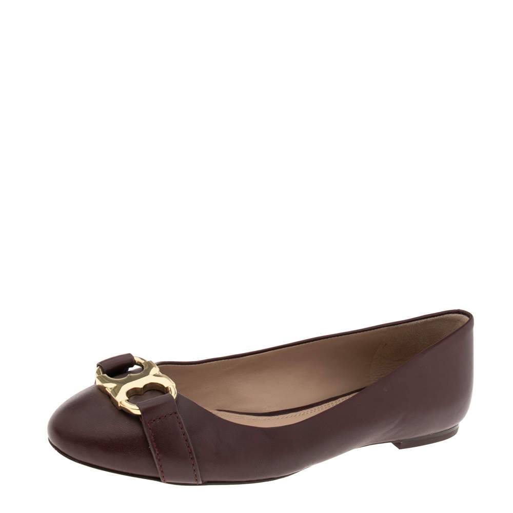 Pre Owned Tory Burch Burgundy Leather Bow Ballet Flats Size 38