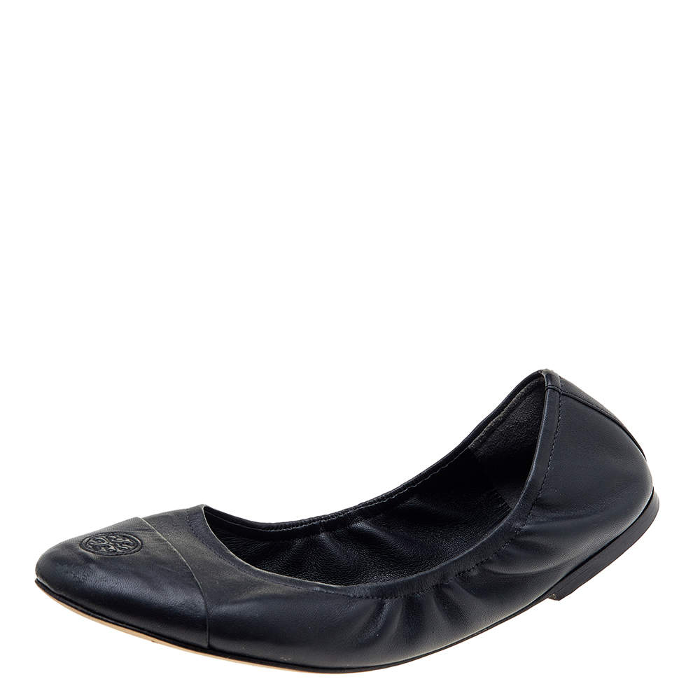 Pre Owned Tory Burch Black Leather Cap Toe Scrunch Ballet Flats Size 40
