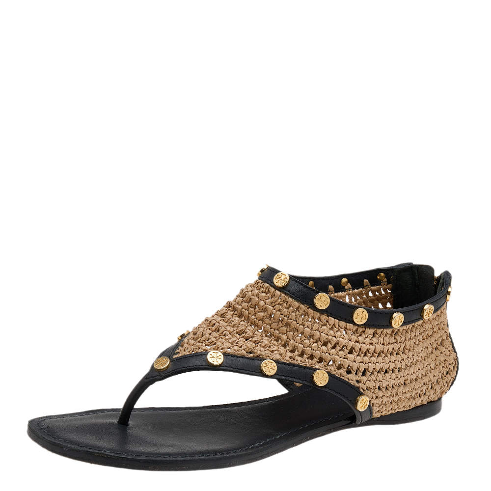 Pre Owned صندل بإصبع توري برش فلات جلد ورافيا أسود/ بيج مقاس 38