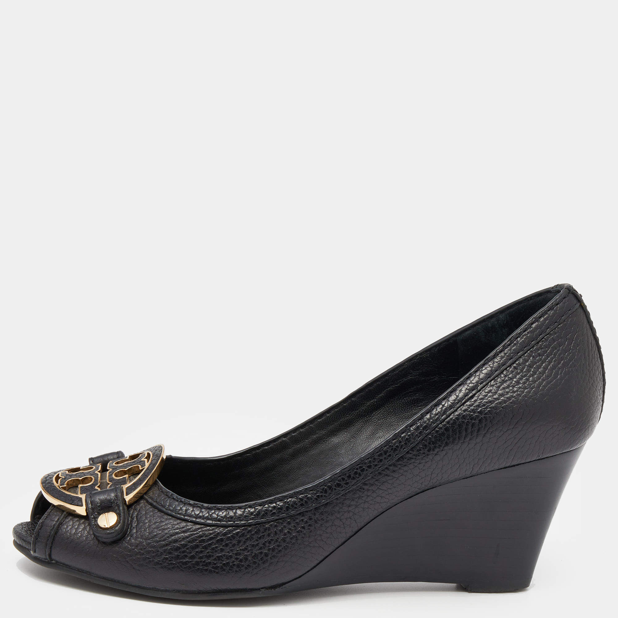 مملوكة مسبقًا Tory Burch Black Leather Amanda Peep Toe Wedge Pumps Size 37.5