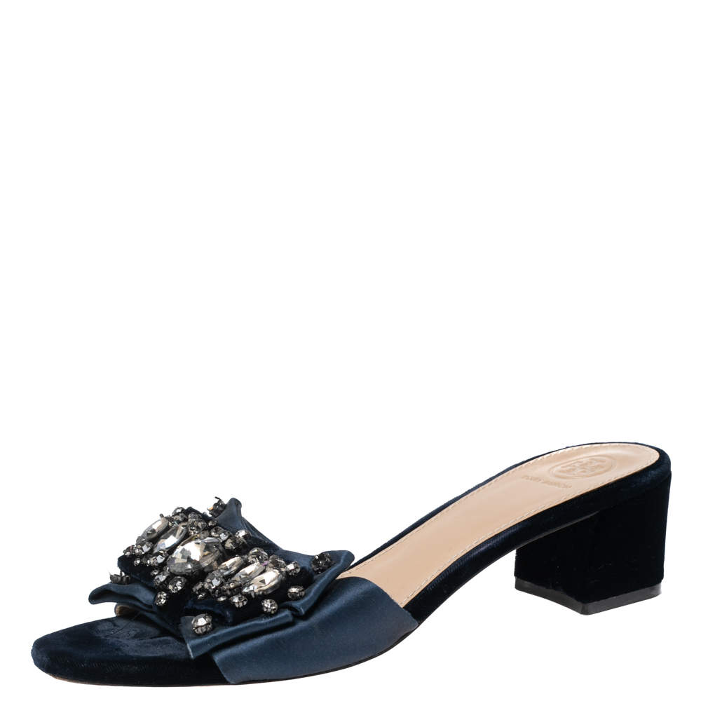 Pre Owned صندل سلايد توري برش ساتان أزرق كحلي مزخرف مقاس 38