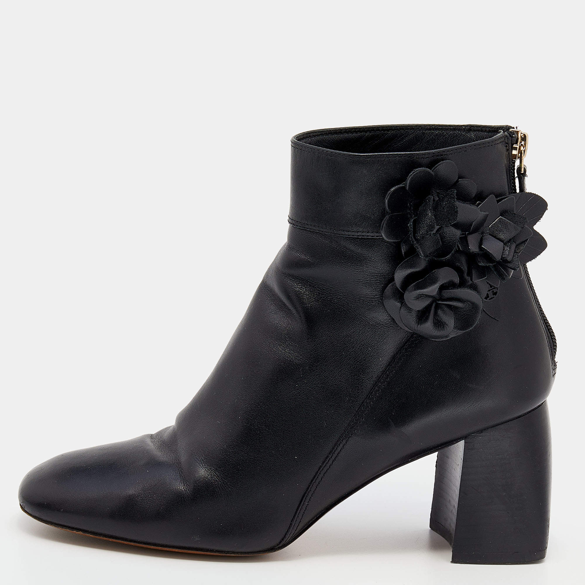 Pre Owned Tory Burch Black Leather Blossom Square Toe Ankle Boots Size 38.5