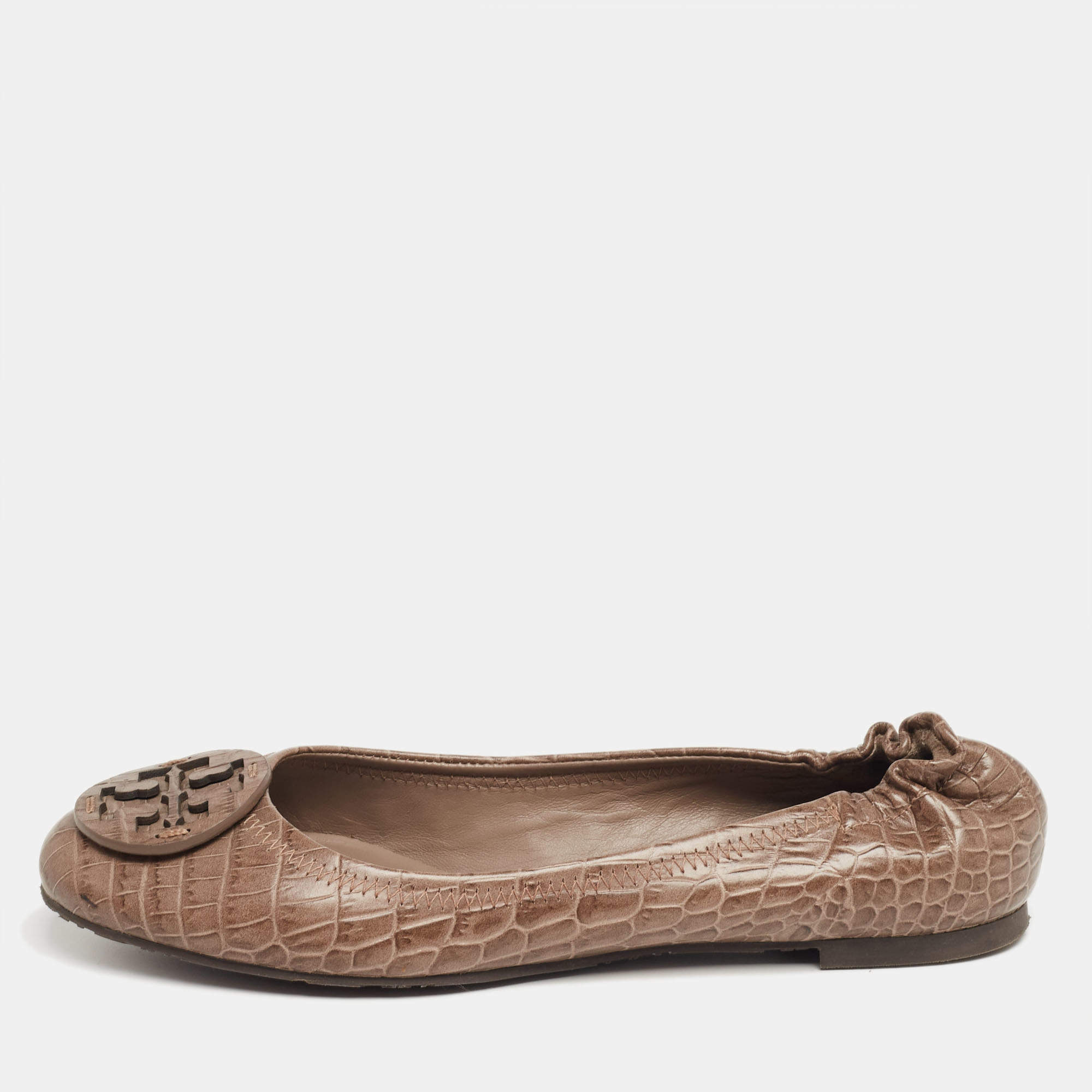 Pre Owned Tory Burch Brown Croc Embossed Leather Reva Ballet Flats Size 38.5