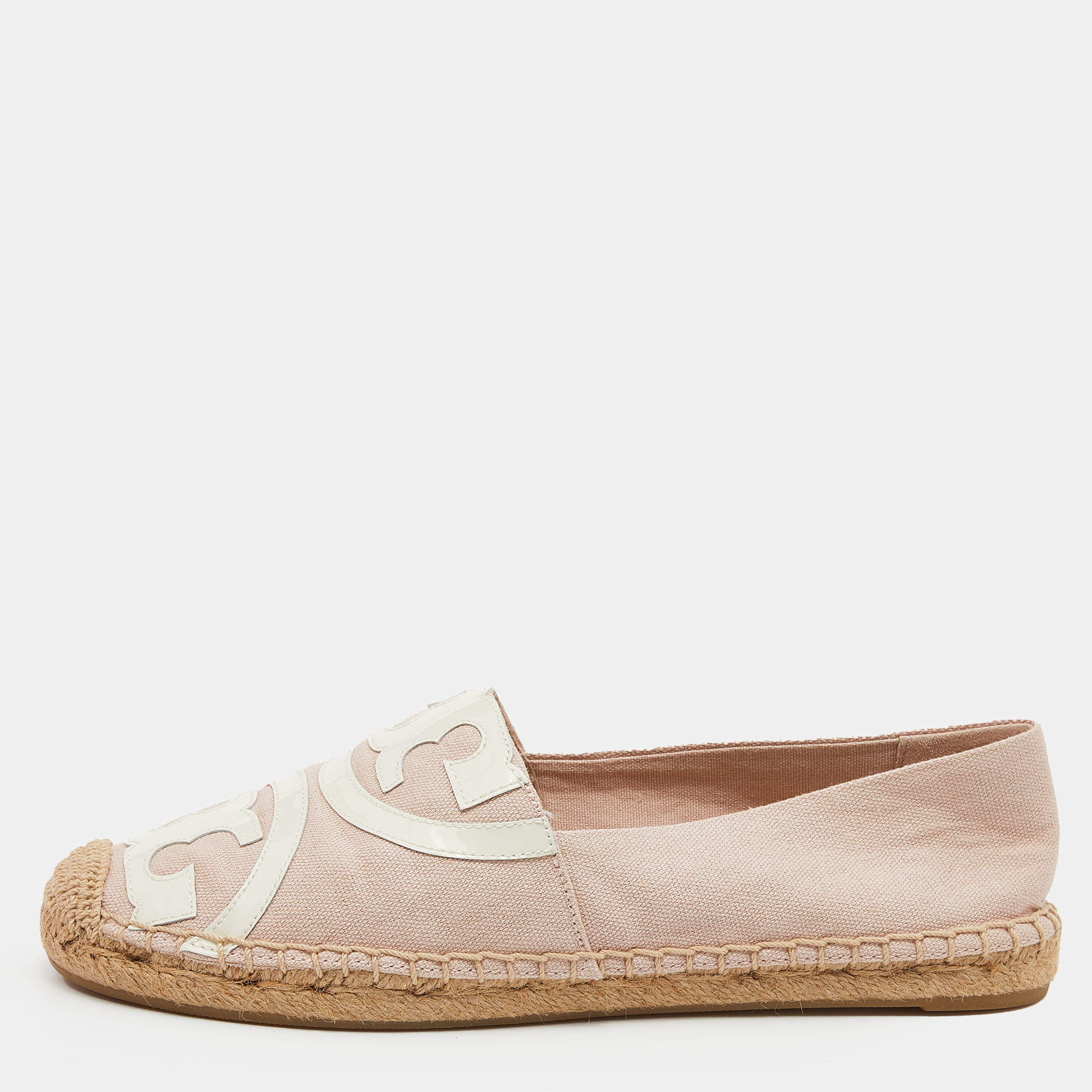 مملوكة مسبقًا حذاء فلات إسبادريل توري برش جلد لامع وكانفاس أبيض/وردي مقاس 37.5