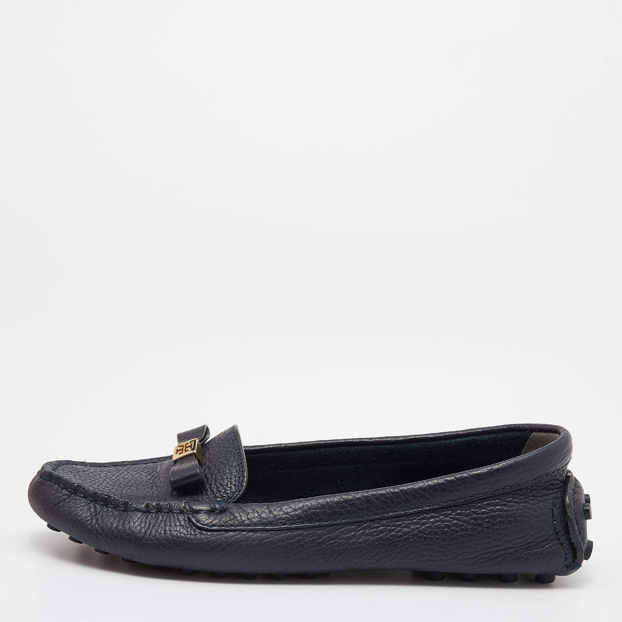 Pre Owned Tory Burch Black Leather Bow Loafers Size 36