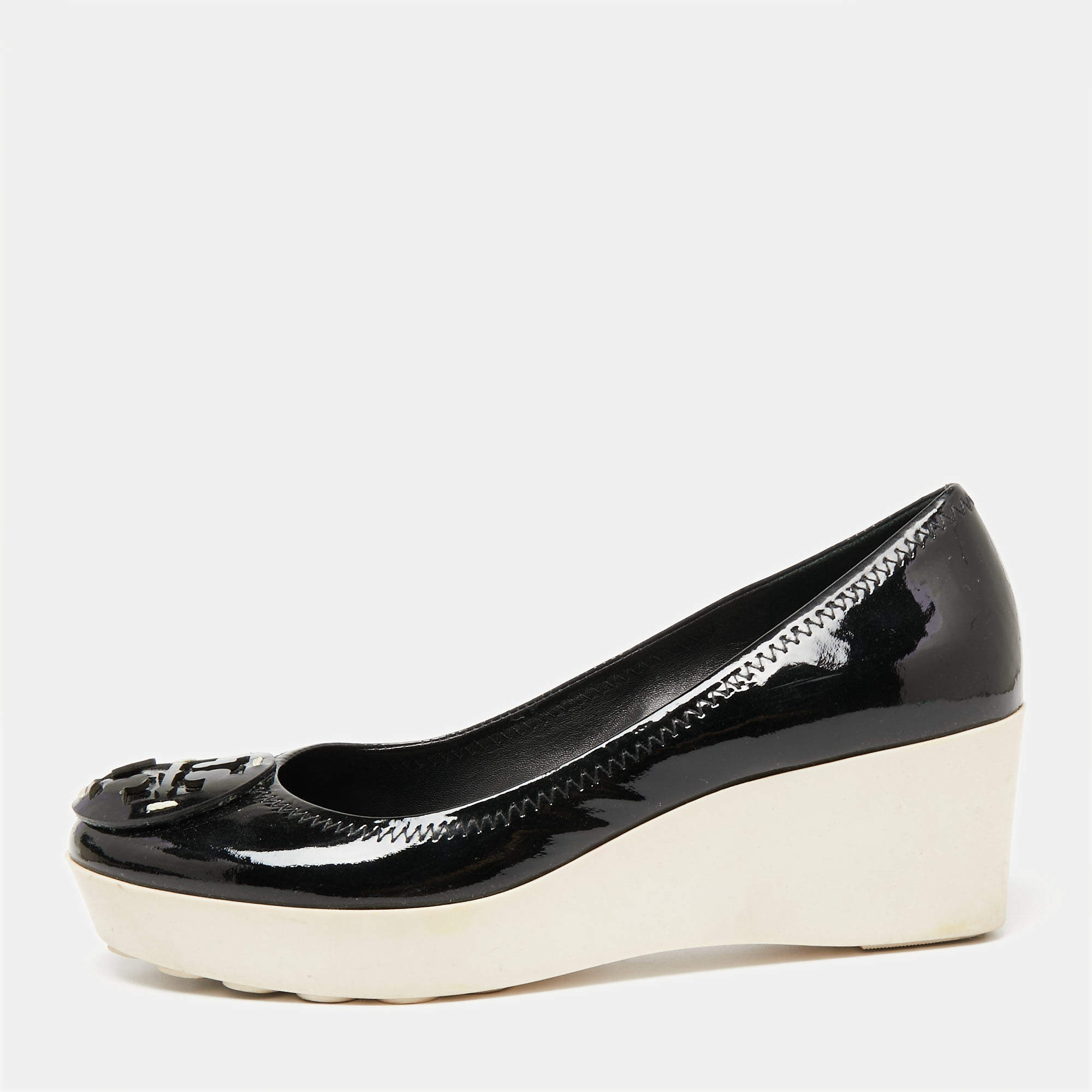 Pre Owned Tory Burch Black Patent Leather Logo Platform Wedge Pumps Size 37