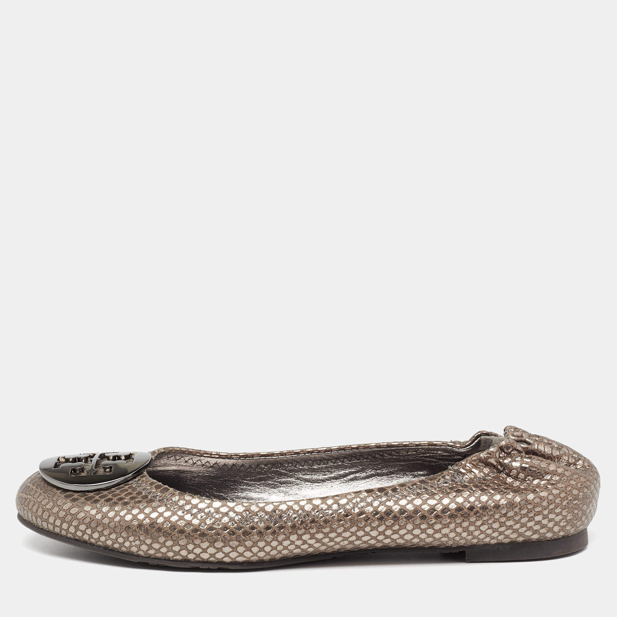 Tory Burch Metallic Grey Snakeskin Embossed Leather Minnie Ballet Flats Size 38