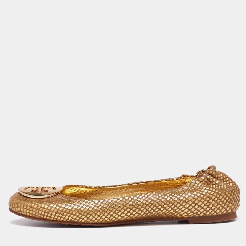 Pre Owned Tory Burch Gold Snakeskin Embossed Leather Minnie Ballet Flats Size 38