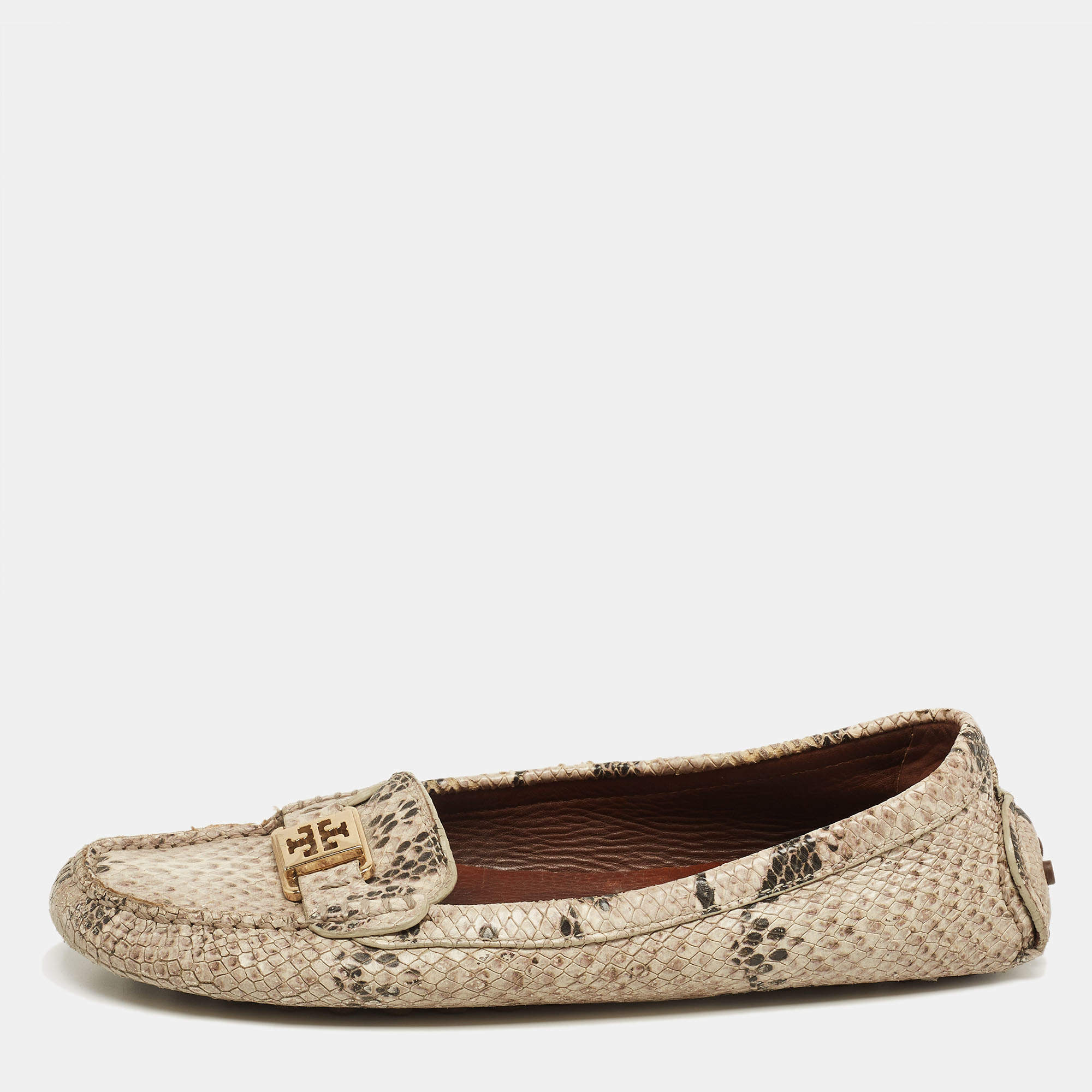 Pre Owned Tory Burch Cream/Brown Python Embossed Leather Driving Loafers Size 38.5