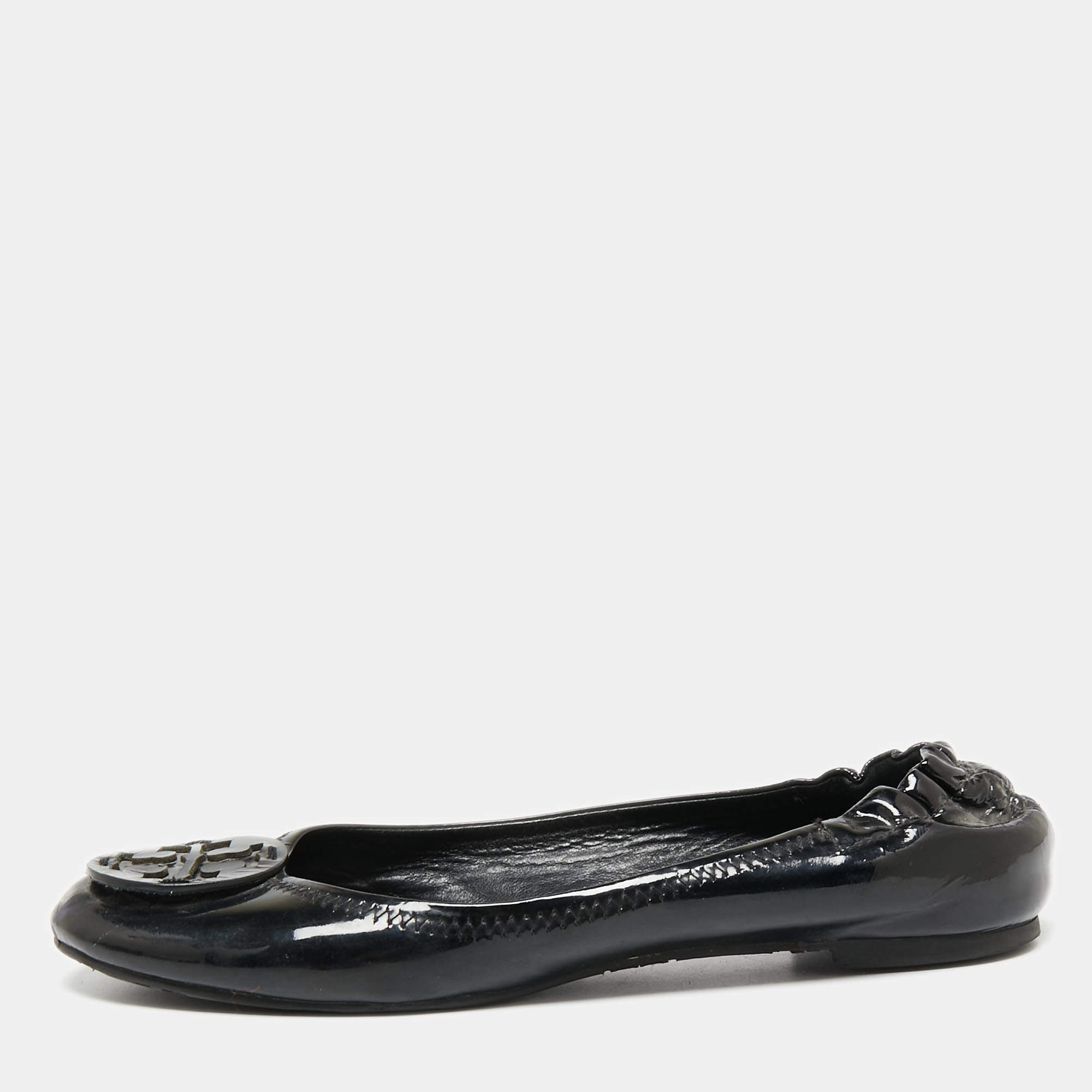 Pre Owned Tory Burch Black Patent Leather Reva Scrunch Ballet Flats Size 38 