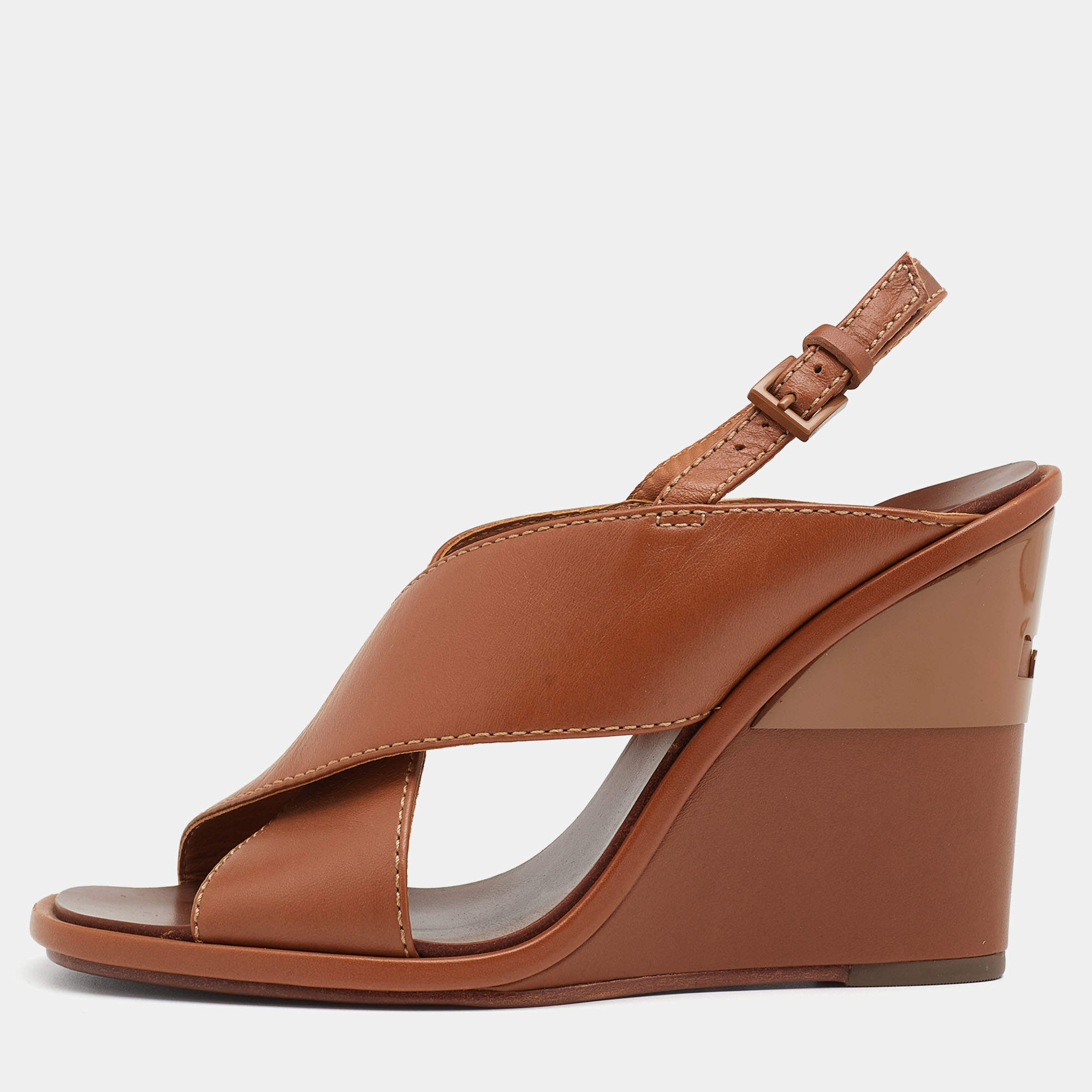 Pre Owned صندل توري برش غابريال جلد بني بحزام للكاحل كعب روكي مقاس 35.5