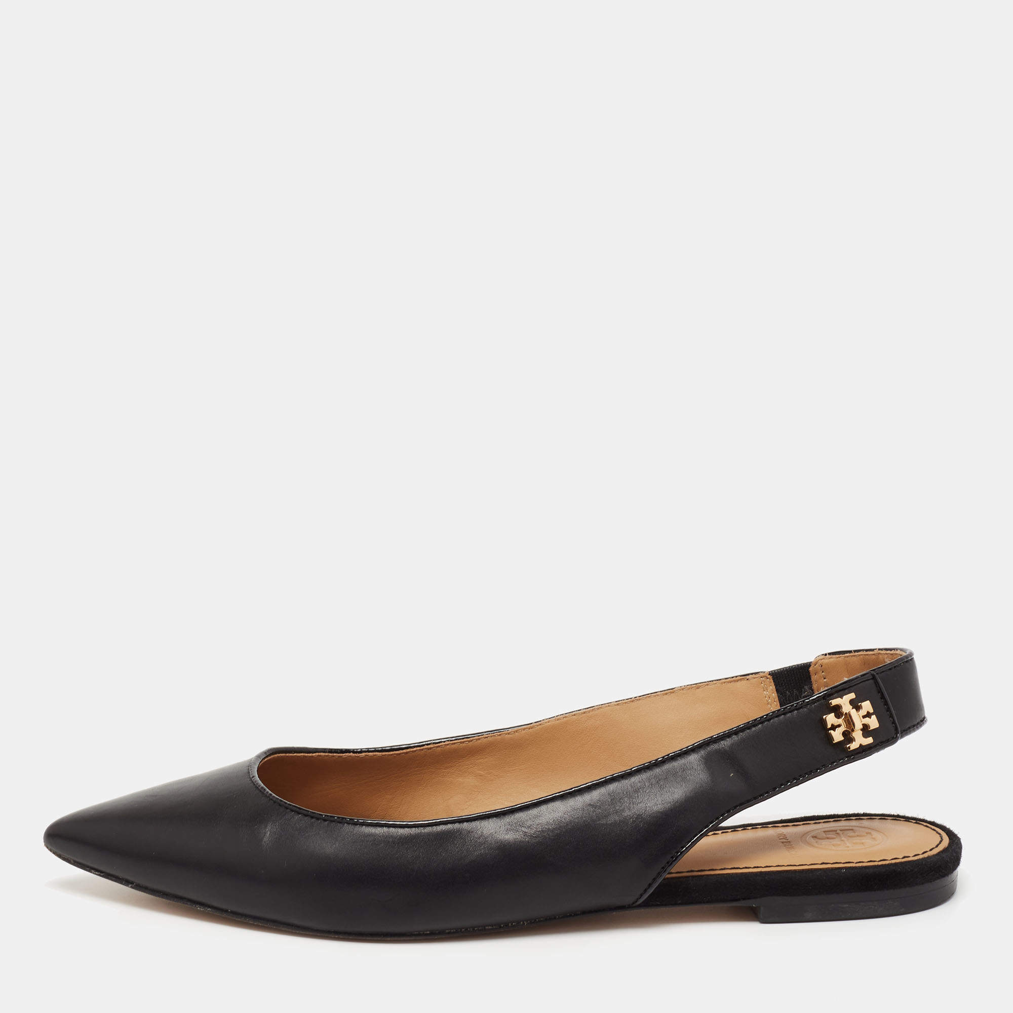 مملوكة مسبقًا Tory Burch Black Leather Kira Pointed Toe Slingback Flats Size 37.5