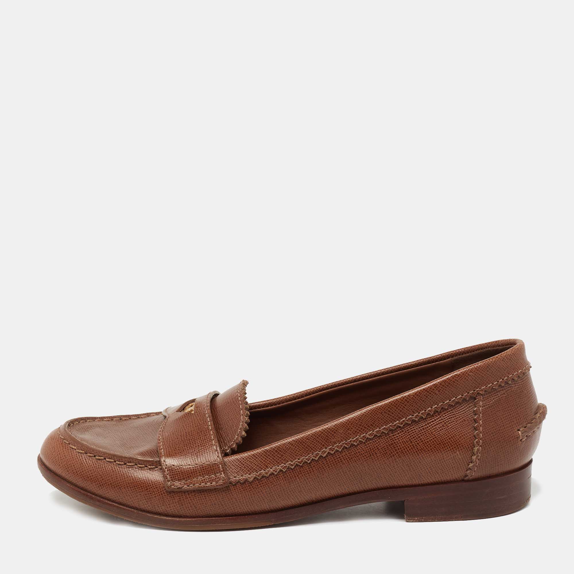 Pre Owned Tory Burch Brown Leather Slip On Loafers Size 38