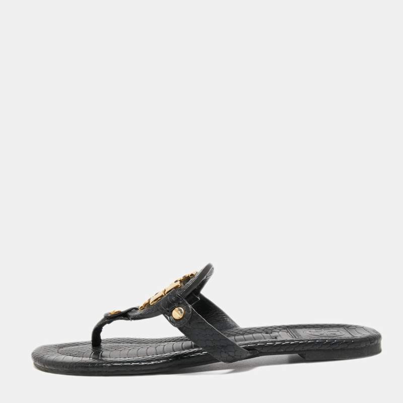 Pre Owned Tory Burch Black Python Embossed Leather Logo Miller Thong Flats Size 37