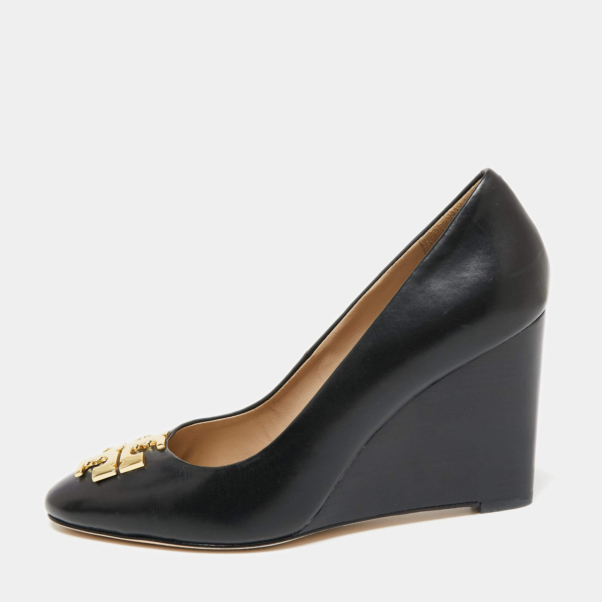 Pre Owned Tory Burch Black Leather Wedge Pumps Size 36.5