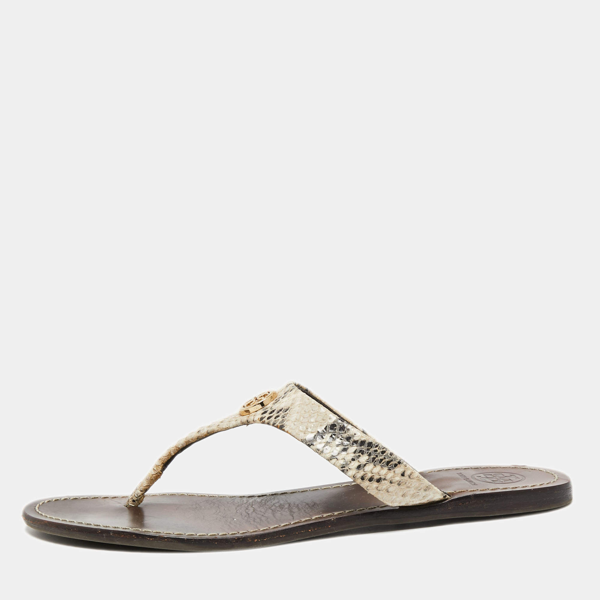 Tory Burch Beige/Black Snakeskin Embossed Leather Flat Thong Sandals Size   Tory Burch | TLC