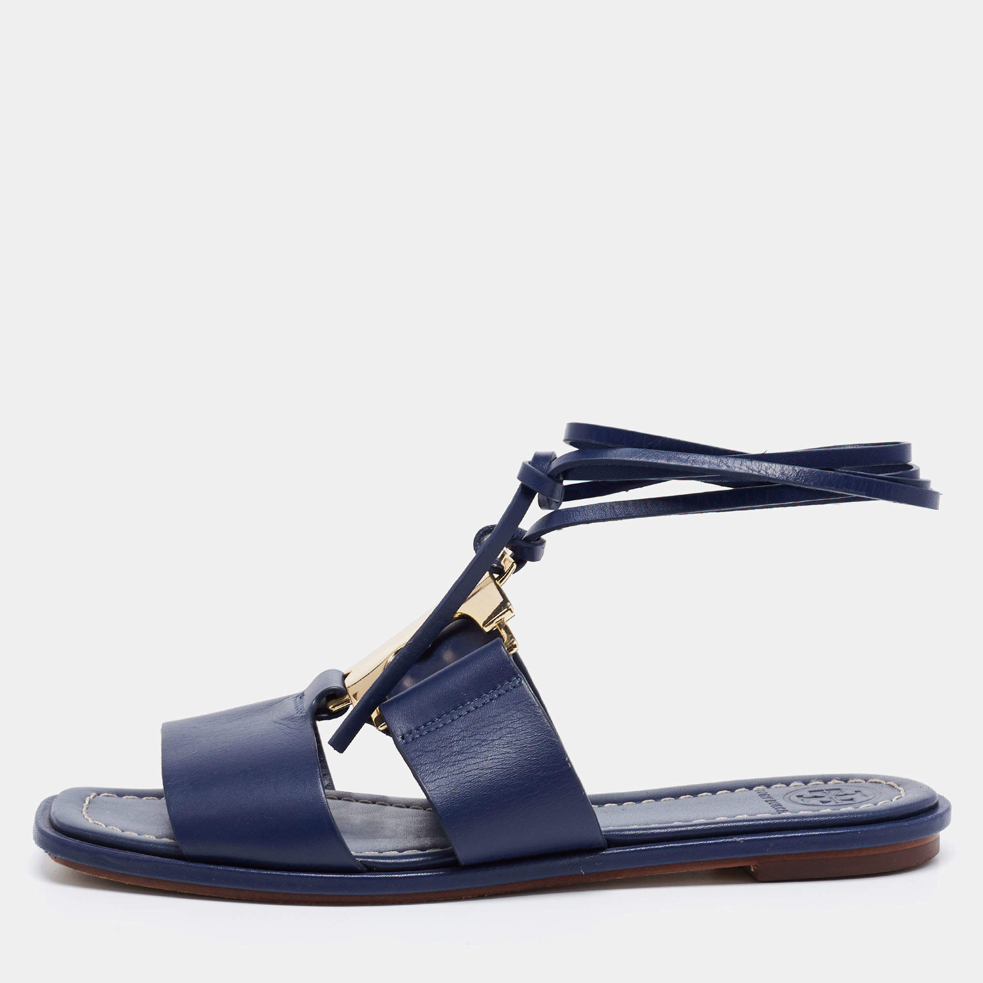 Pre Owned Tory Burch Nay Blue Leather Ankle Wrap Flats Size 36.5