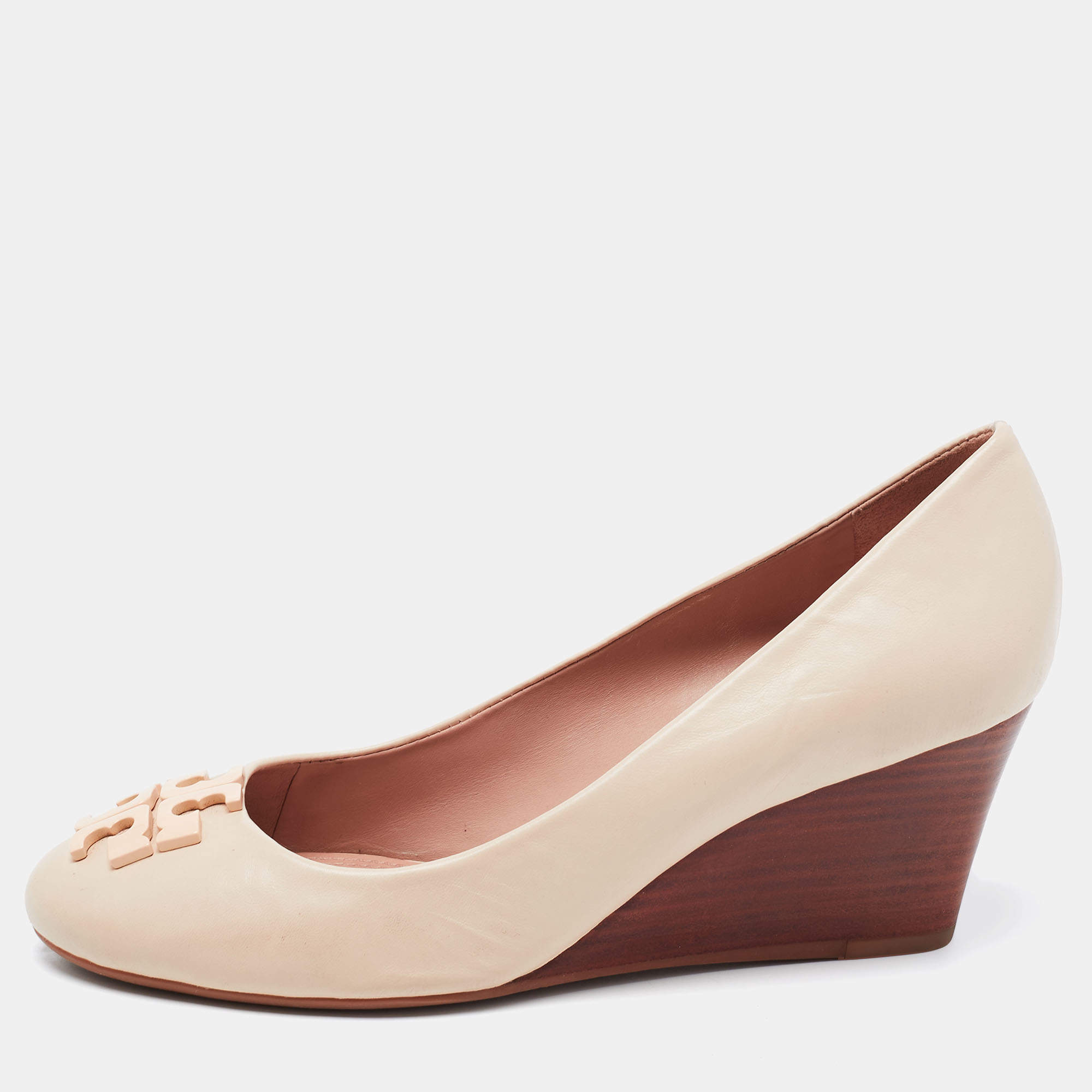 Pre Owned Tory Burch Cream Leather Wedge Pumps Size 37