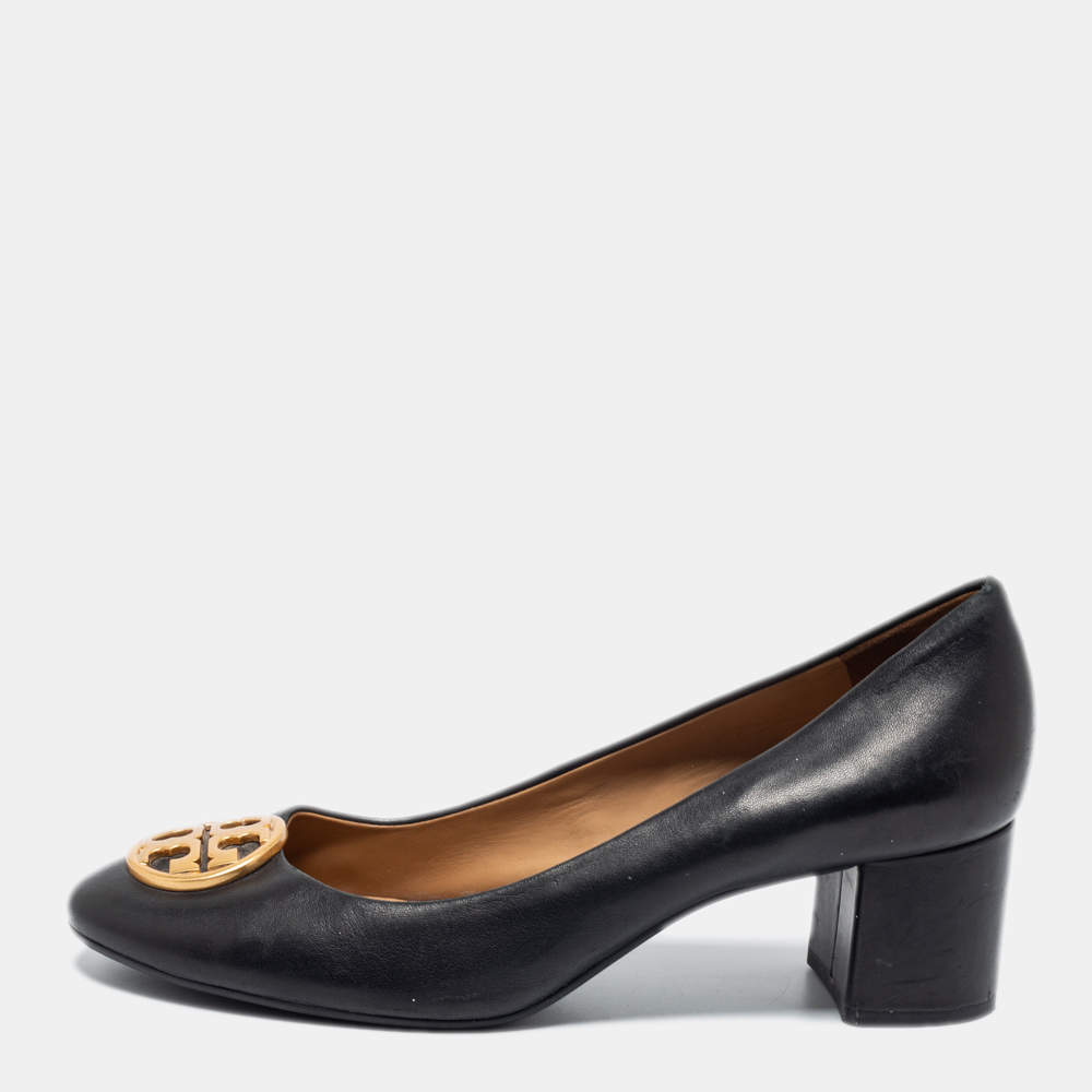 Pre Owned Tory Burch Black Leather Janey Pumps Size 40.5