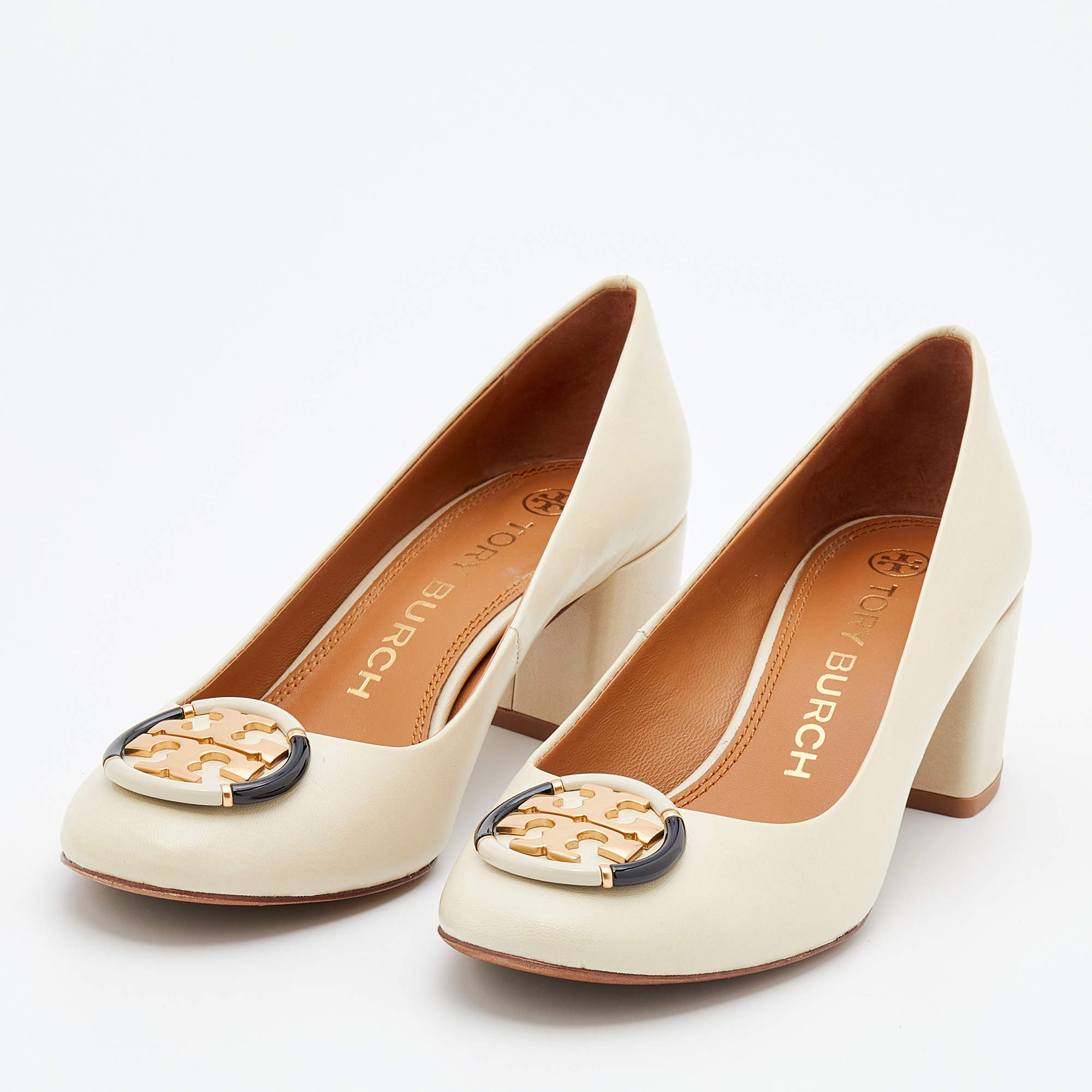 Tory Burch Cream Leather Logo Block Heel Pumps Size 37.5 Tory Burch