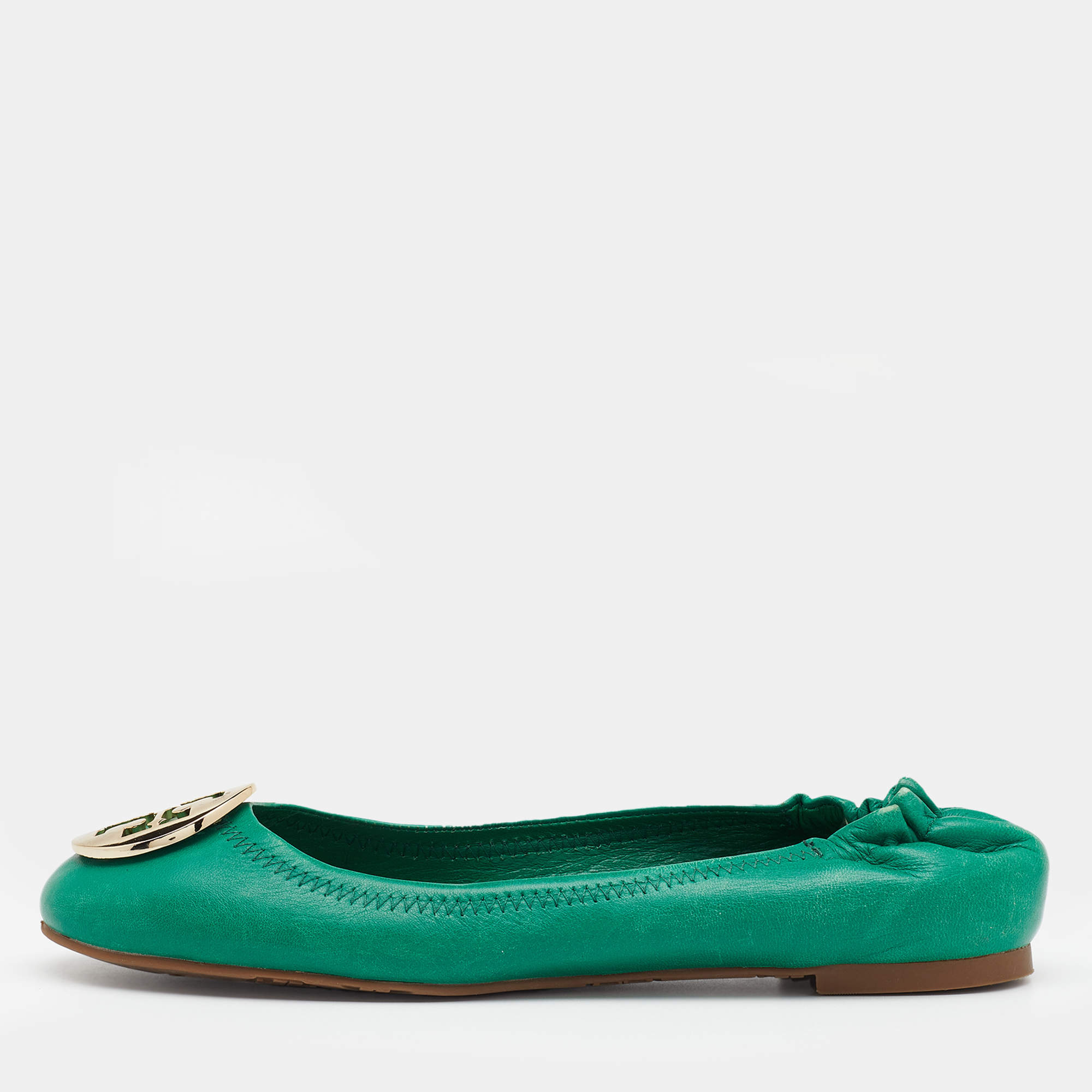 Pre Owned Tory Burch Green Leather Reva Scrunch Ballet Flats Size 38