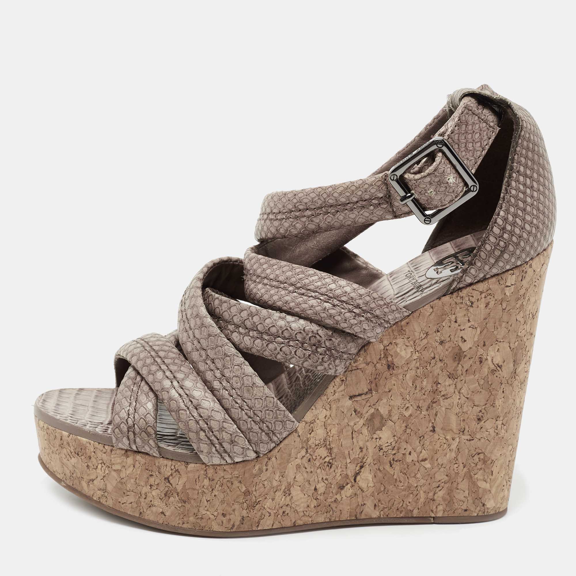 Pre Owned Tory Burch Taupe Python Embossed Leather Strappy Cork Wedge Sandals Size 36.5