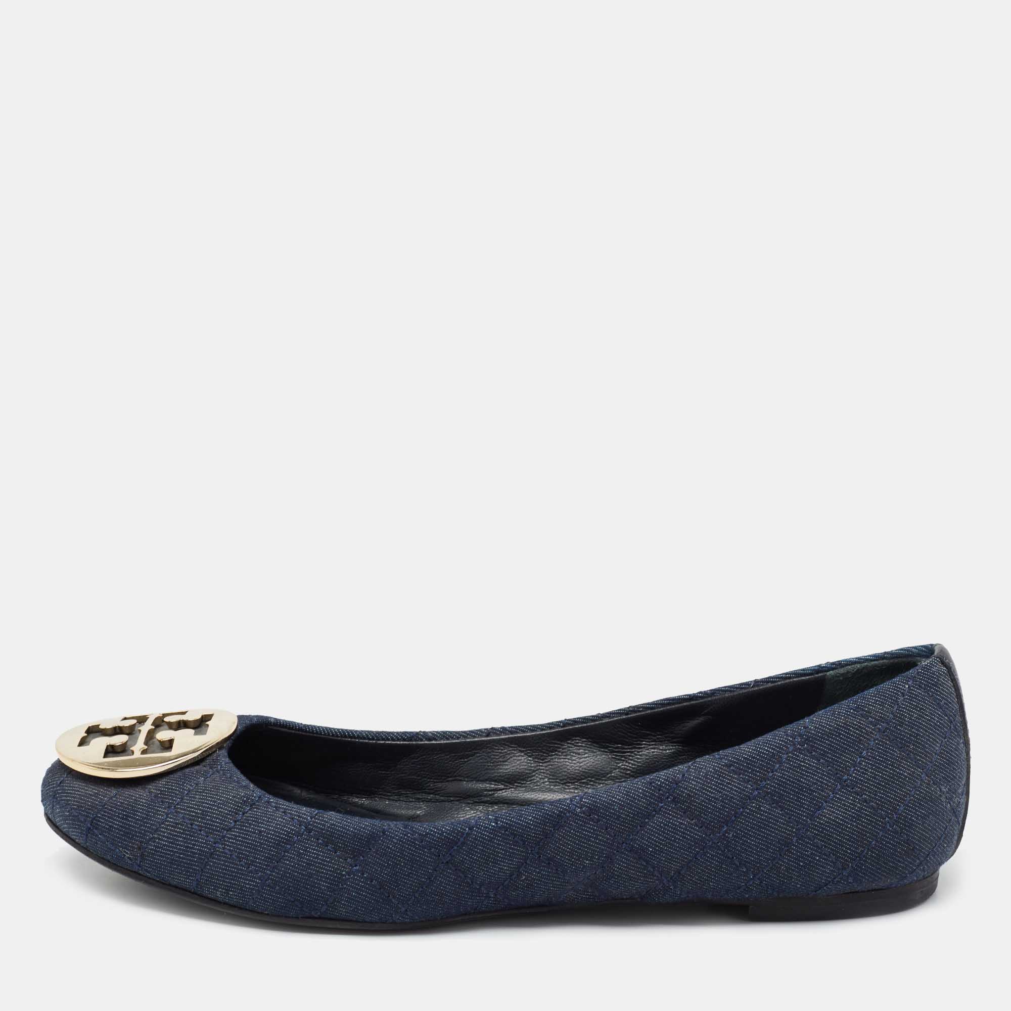 Pre Owned Tory Burch Navy Blue Denim Quinn Ballet Flats Size 39.5