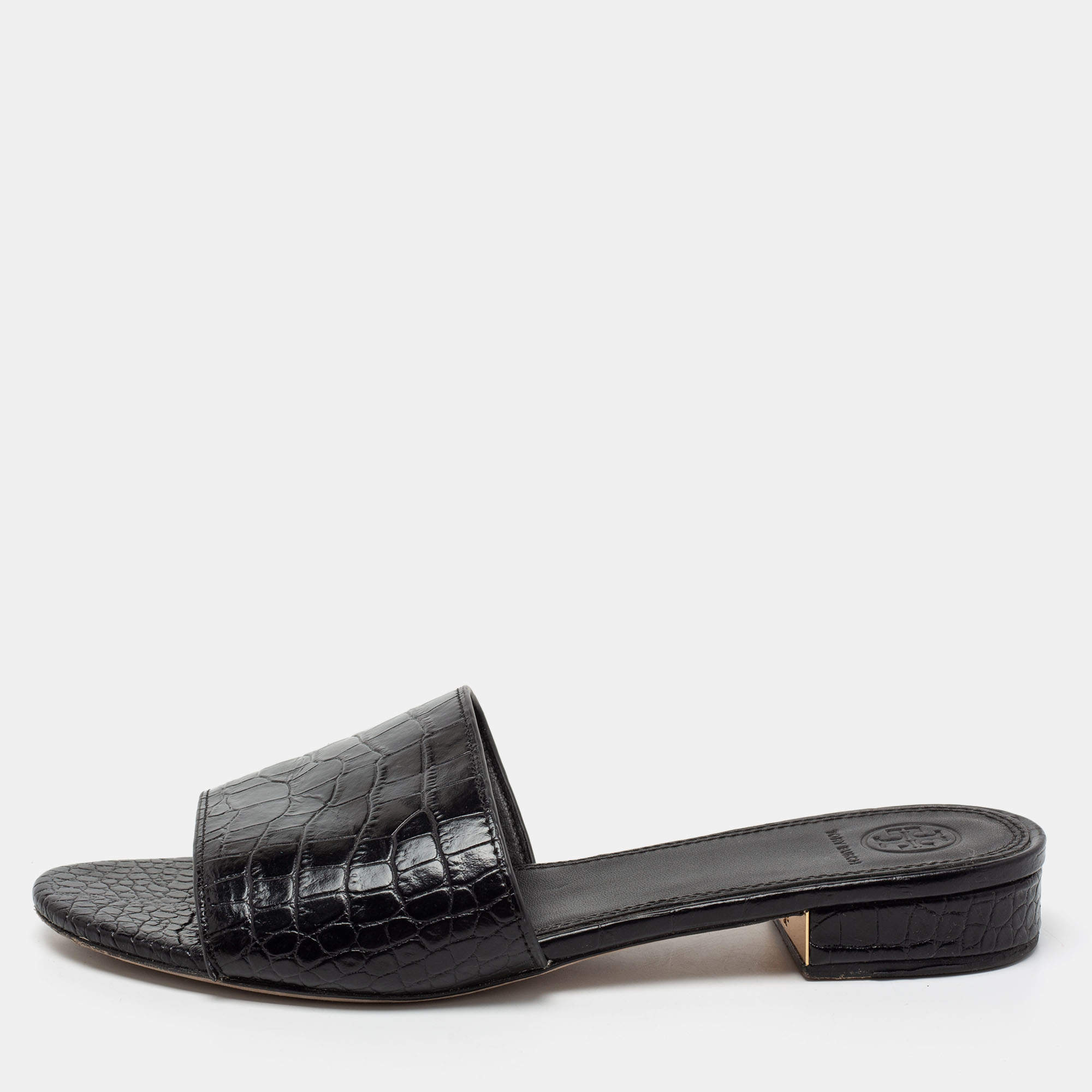 Pre Owned Tory Burch Black Croc Embossed Leather Flat Slide Sandals Size 38.5